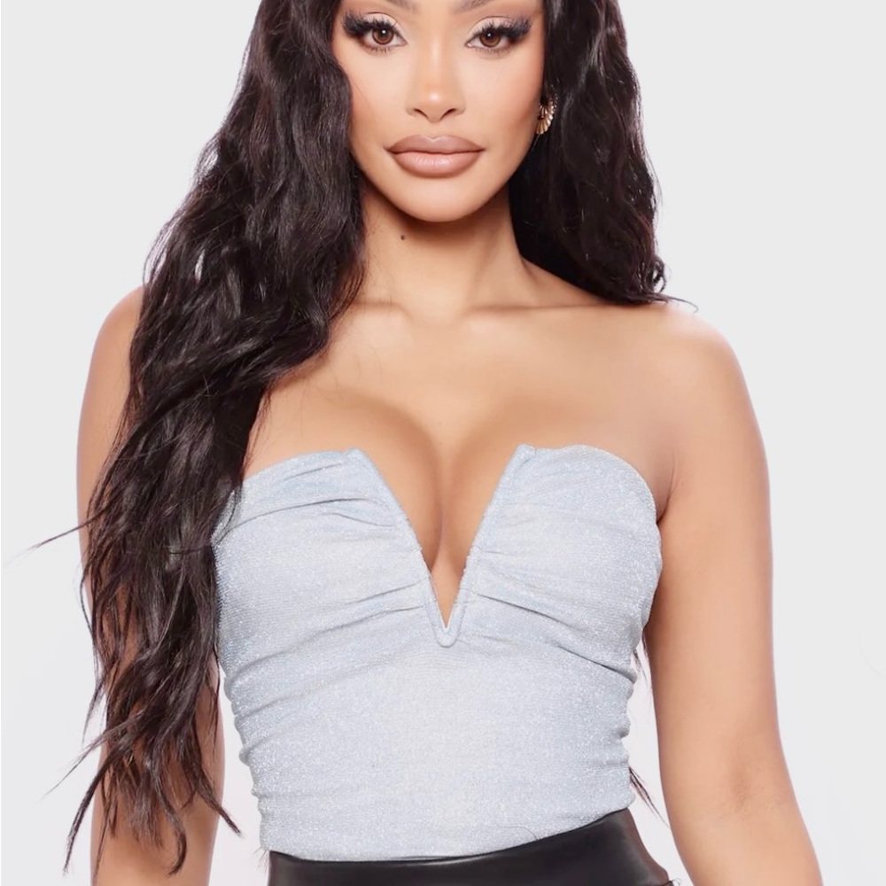 Fashion Nova Shimmering Strapless blue bodysuit